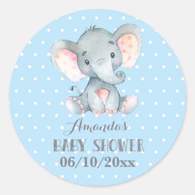 Sticker Rond Baby-Shower Éléphant Garçon Bleu et Gris (Devant)