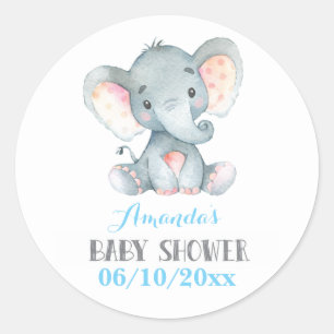 Sticker Rond Baby-Shower Éléphant Garçon Bleu et Gris