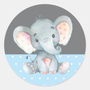 Sticker Rond Baby shower éléphant garçon bleu et gris