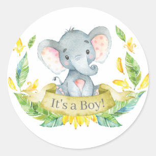 Sticker Rond Baby-Shower Éléphant Garçon Jaune