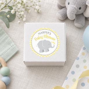 Sticker Rond Baby-Shower éléphant gris chevron jaune