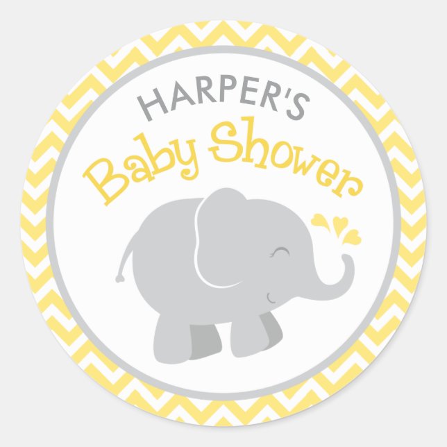 Sticker Rond Baby-Shower éléphant gris chevron jaune (Devant)