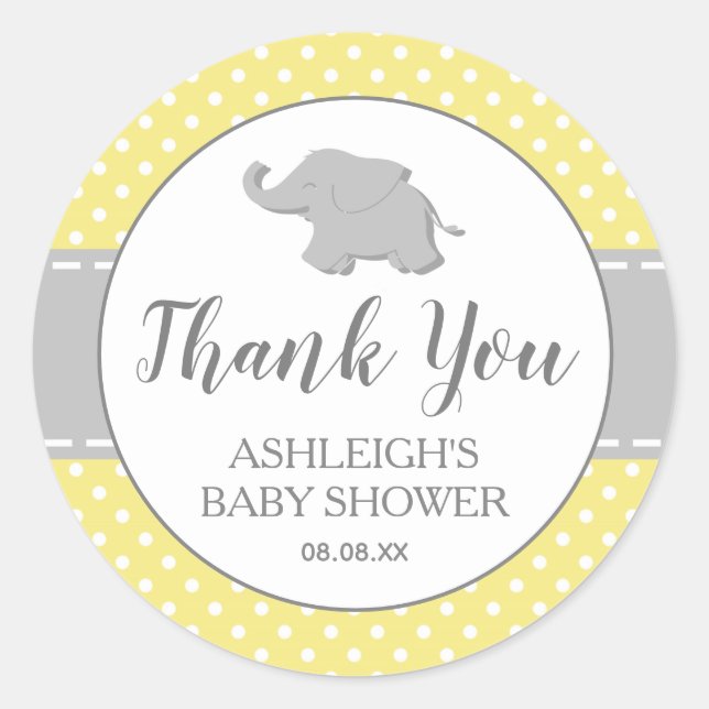 Sticker Rond Baby Shower éléphant jaune à pois (Devant)