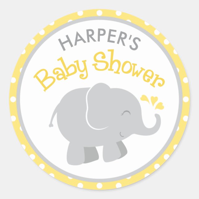 Sticker Rond Baby Shower éléphant jaune et gris (Devant)