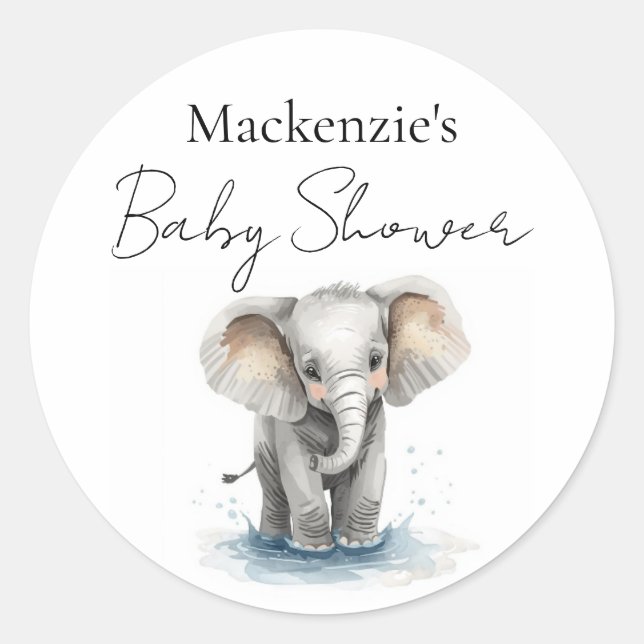 Sticker Rond Baby Shower Éléphant Mignon Aquarelle (Devant)