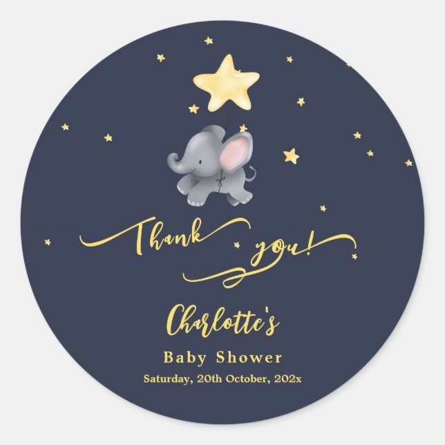 Sticker Rond Baby Shower Éléphant Mignon & Ballon (Devant)