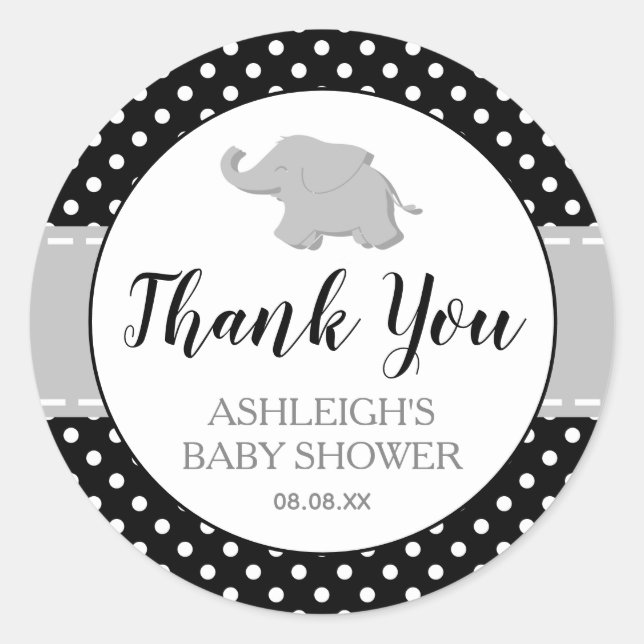 Sticker Rond Baby Shower Éléphant Mignon Points Noir et Blanc (Devant)