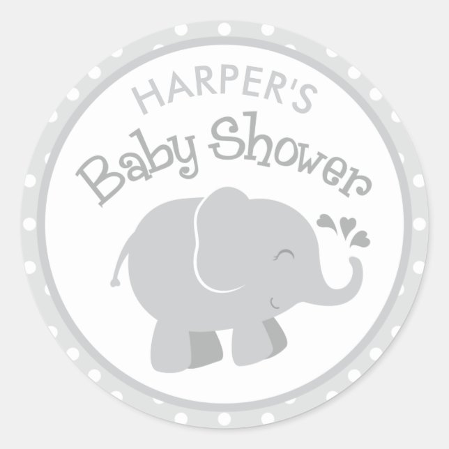 Sticker Rond Baby shower éléphant moderne gris et blanc (Devant)