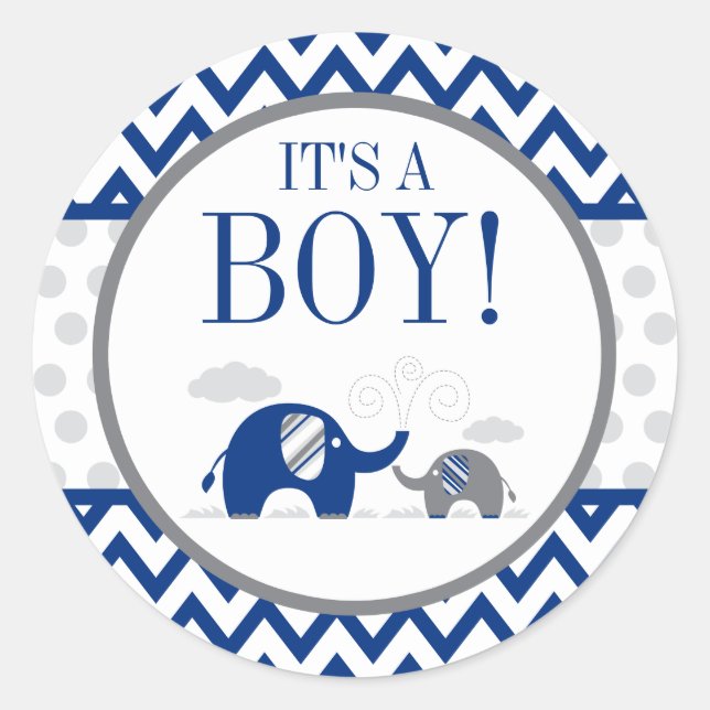 Sticker Rond Baby shower éléphant Navy Blue Grey Boy (Devant)