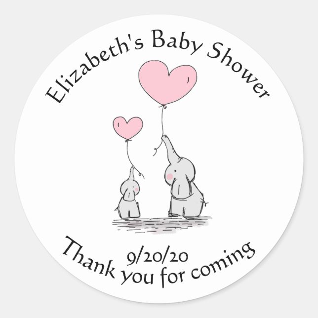 Sticker Rond Baby shower Eléphant rose Balloon Merci Favoriser (Devant)