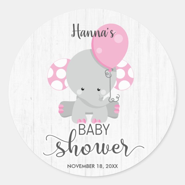 Sticker Rond Baby shower Eléphant rose Chic Wood (Devant)