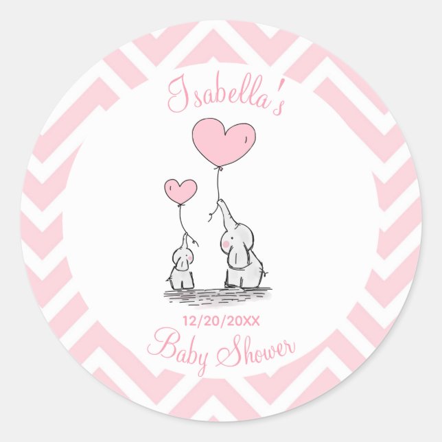 Sticker Rond Baby-Shower Éléphant Rose Pastel (Devant)