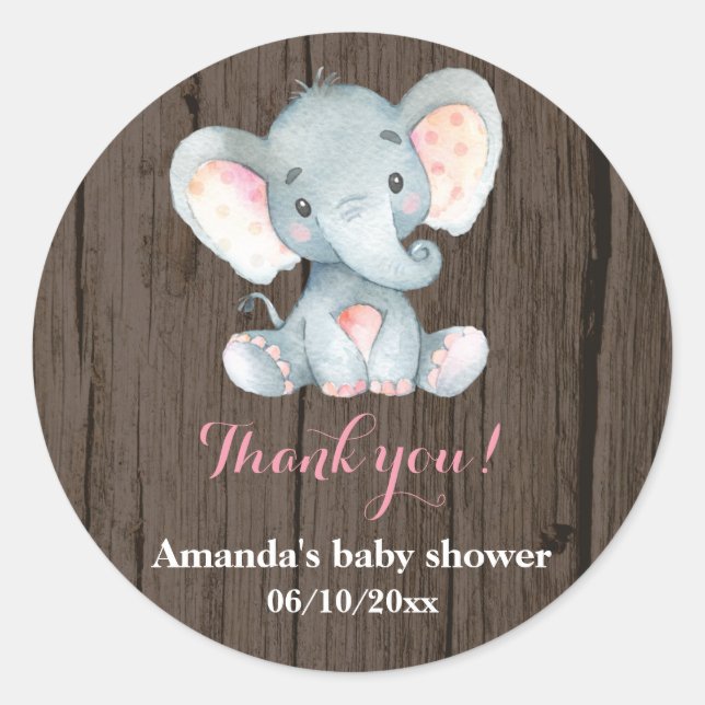 Sticker Rond Baby shower Eléphant Rustique Merci rose Favoriser (Devant)