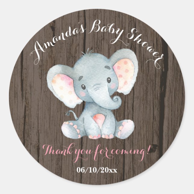 Sticker Rond Baby shower Eléphant Rustique Merci rose Favoriser (Devant)