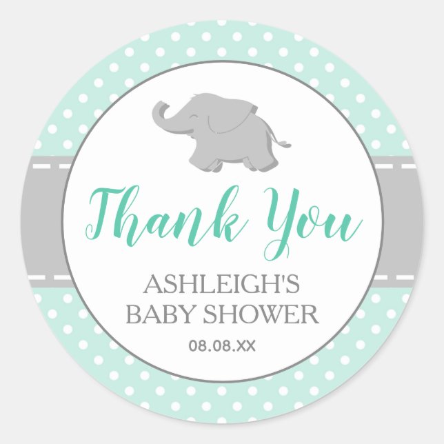 Sticker Rond Baby Shower Éléphant Vert Menthe À Pois (Devant)