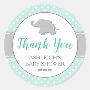 Sticker Rond Baby Shower Éléphant Vert Menthe À Pois