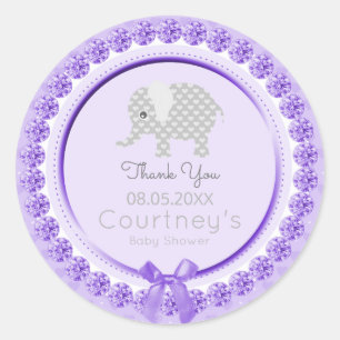 Sticker Rond Baby shower éléphant violet gris Merci Favor