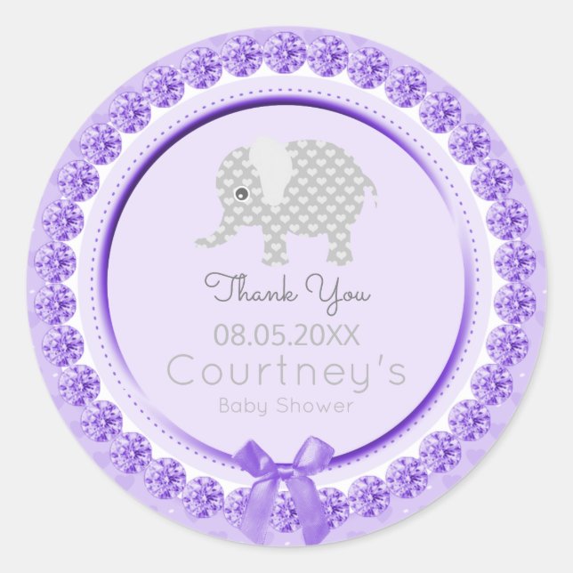 Sticker Rond Baby shower éléphant violet gris Merci Favor (Devant)