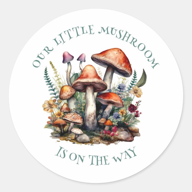 Sticker Rond Baby shower en bois des champignons Whimsical ench (Devant)