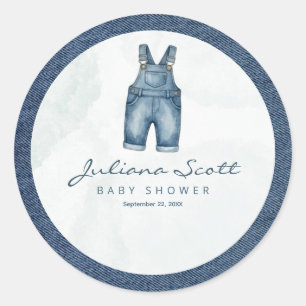 Sticker Rond Baby Shower en Denim Bleu Aquarelle 