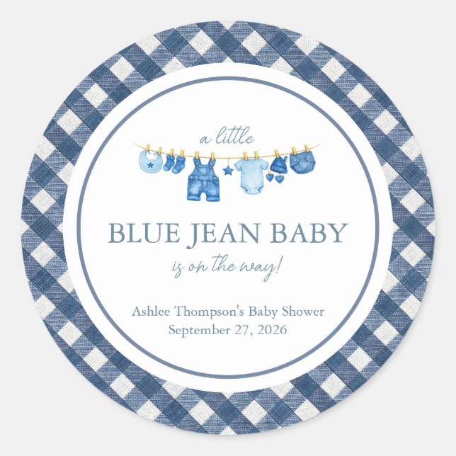 Sticker Rond Baby Shower en Jean Bleu  (Devant)