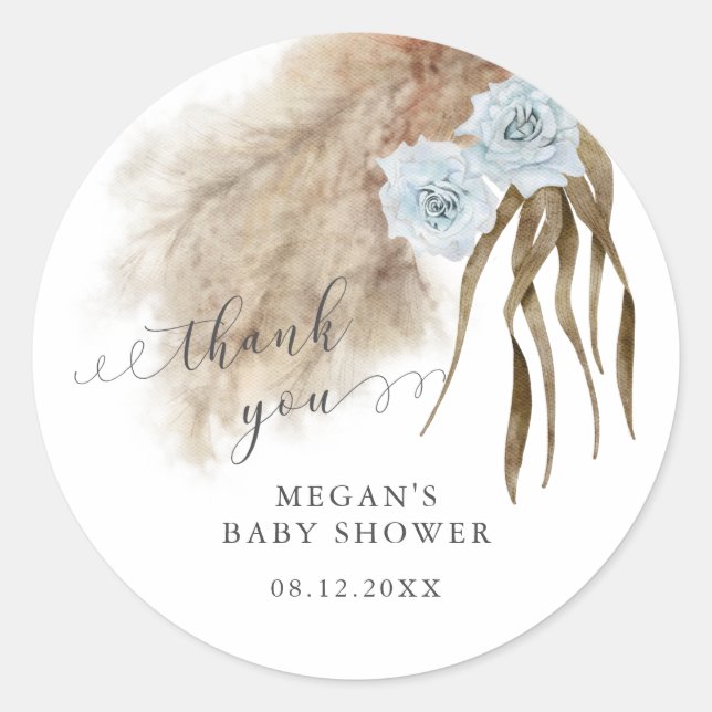 Sticker Rond Baby shower en laiton bleu rustique Pampas (Devant)