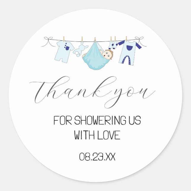 Sticker Rond Baby shower en Merci bleu Cute Favoriser (Devant)