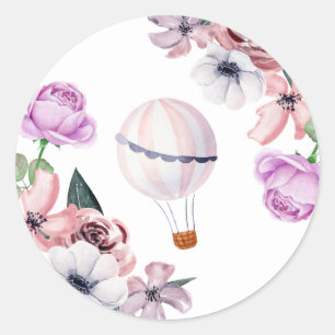Sticker Rond Baby Shower en Montgolfière Florale Voyageuse