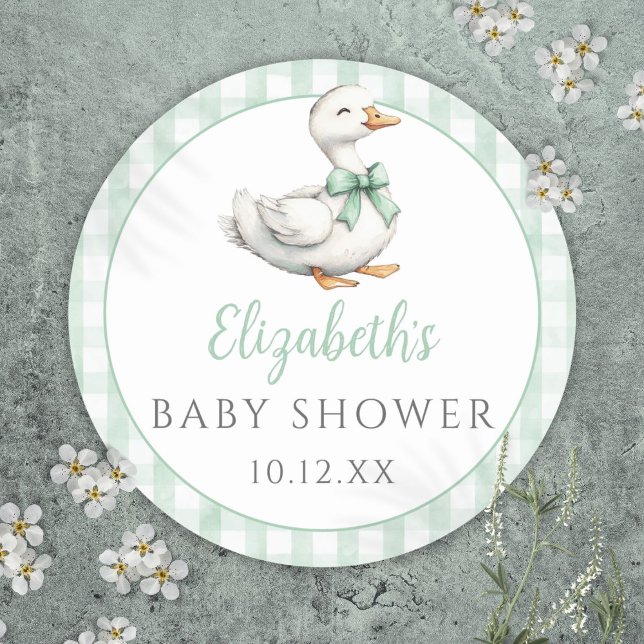 Sticker Rond Baby shower En vichy Silencieux Little Goose Green (Silly Little Goose Green Gingham Baby Shower Classic Round Sticker)