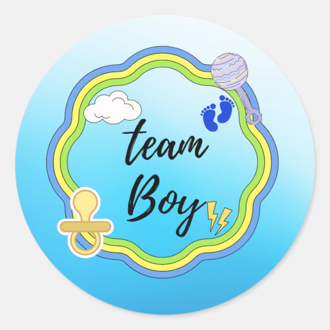 Sticker Rond baby shower, ÉQUIPE BLEU Genre Reveal. (Devant)