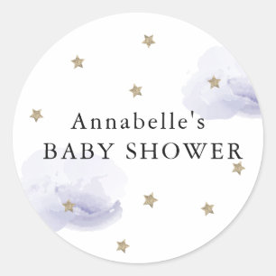 Sticker Rond Baby Shower Étoiles Dorées et Nuages Lavande Douce