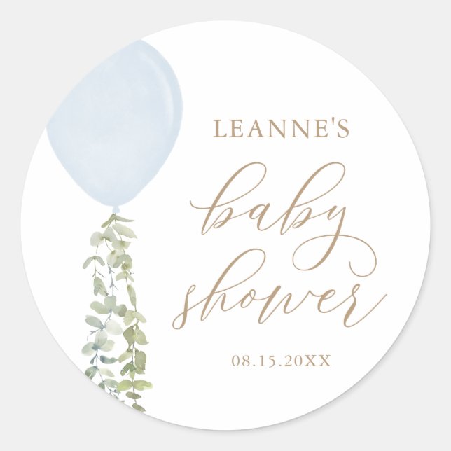 Sticker Rond Baby Shower Eucalyptus Ballon Bleu (Devant)