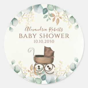Sticker Rond Baby shower Eucalyptus Feuille Aquarelle botanique
