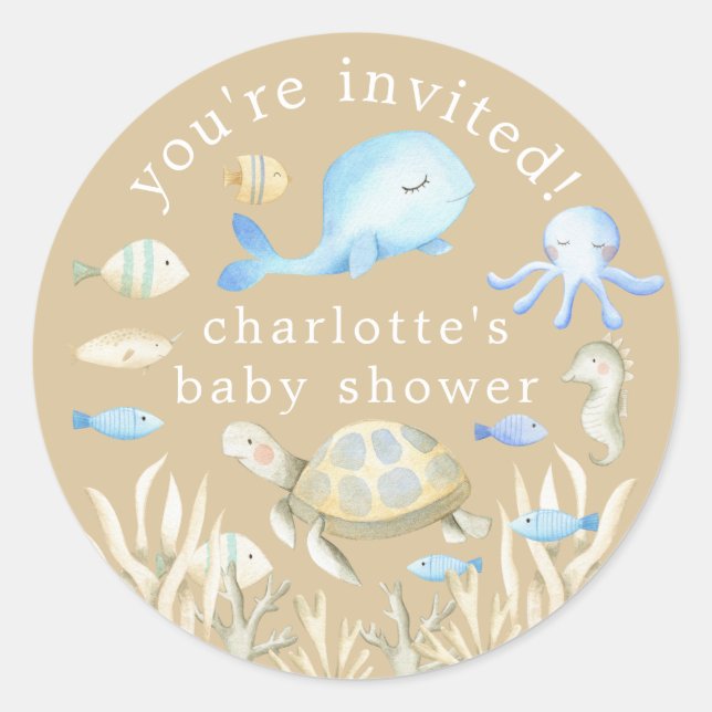 Sticker Rond Baby Shower Fantaisie Sous-Marine (Devant)