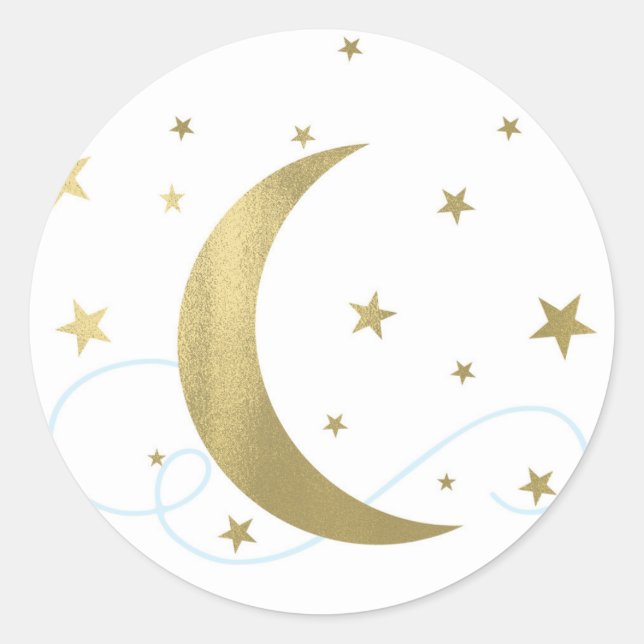 Sticker Rond Baby Shower Fantaisiste Bleu Clair et Or Lune Étoi (Devant)