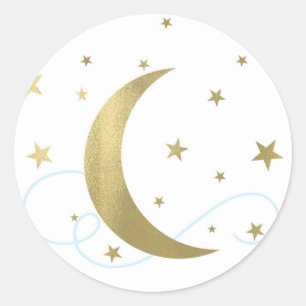 Sticker Rond Baby Shower Fantaisiste Bleu Clair et Or Lune Étoi