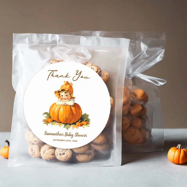 Sticker Rond Baby shower Favoriser Merci Petite Citrouille Fill (Créateur téléchargé)