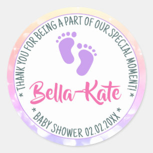 Sticker Rond Baby shower Favoriser Tags Light Pastel Rainbow Om