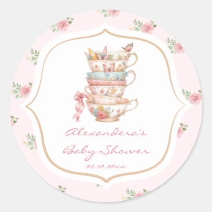 Sticker Rond Baby Shower Fête de Thé Florale Rose
