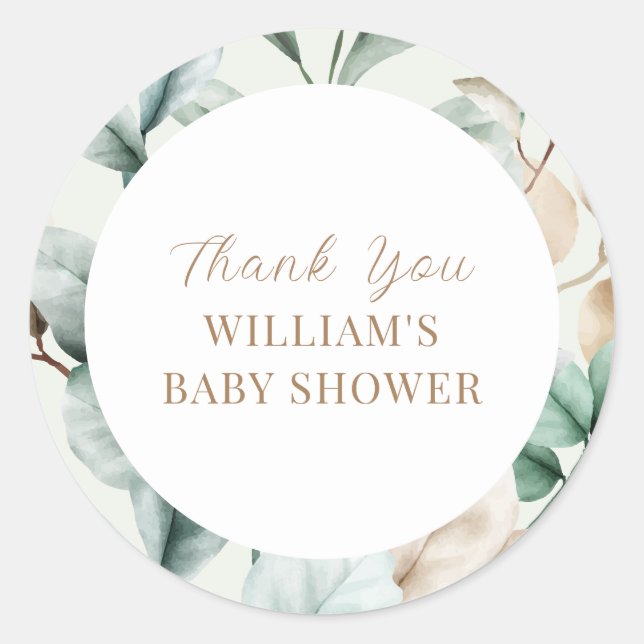 Sticker Rond Baby shower Feuille Boho vert moderne (Devant)