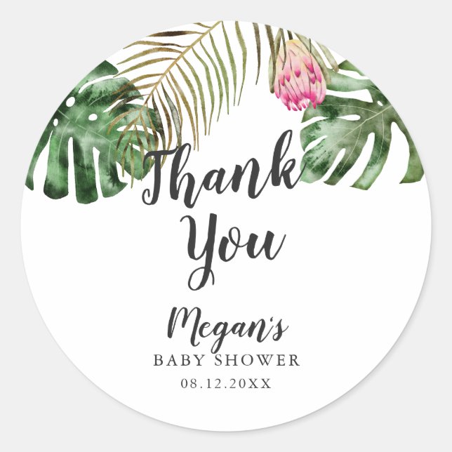 Sticker Rond Baby shower Feuille d'aquarelle tropicale (Devant)