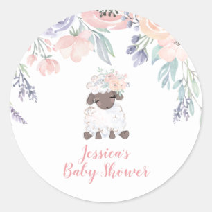 Sticker Rond Baby shower Fille agneau rose violet
