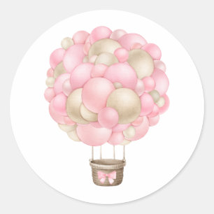 Sticker Rond Baby shower Fille Balloon Rose Hot Air