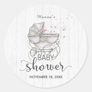 Sticker Rond Baby Shower Fille Bois Blanc & Vieux Landau