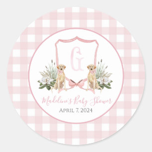 Sticker Rond Baby Shower Fille Chien Rose Fille Préparée du Sud