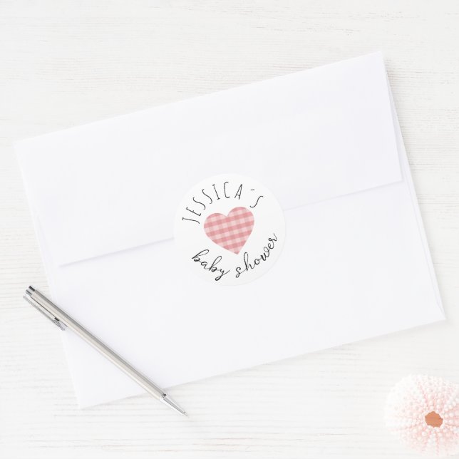 Sticker Rond Baby Shower Fille Coeur Gingham Mignon (Enveloppe)