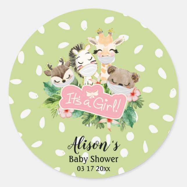 Sticker Rond Baby shower fille | Cute Gold Safari animaux amis (Devant)
