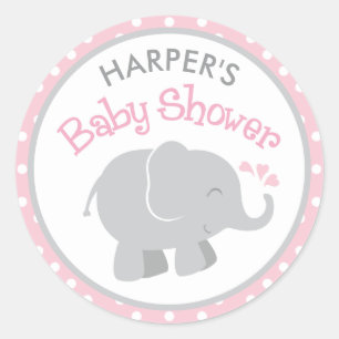 Sticker Rond Baby Shower Fille Éléphant Rose et Gris