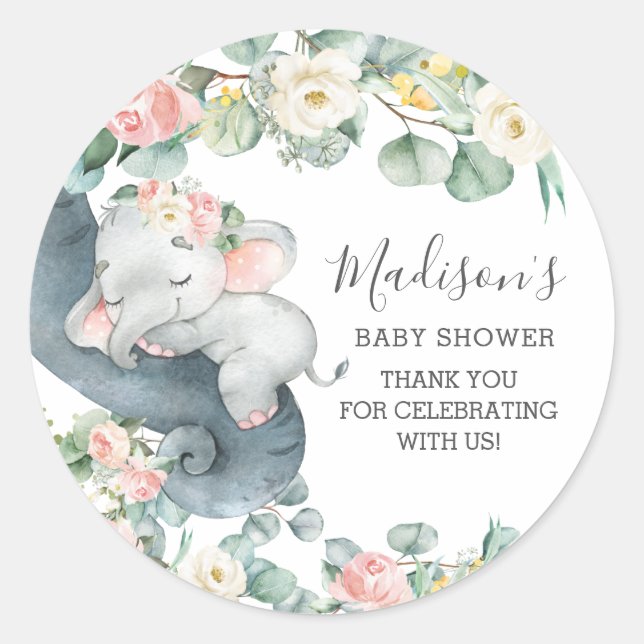 Sticker Rond Baby shower Fille Eléphant Rose Floral Anniversair (Devant)