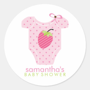 Sticker Rond Baby shower Fille en tenue de fraise